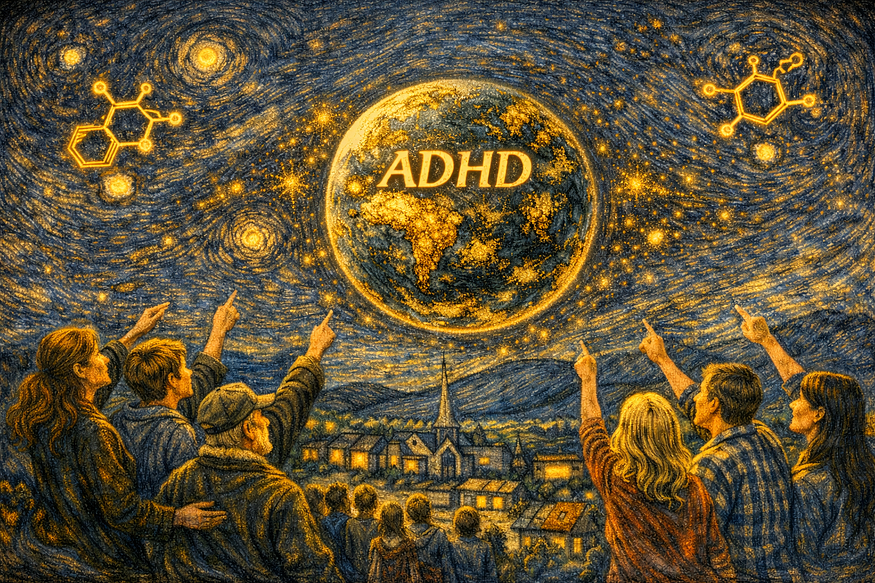 Illustration of Planet ADHD and neurochemical patterns